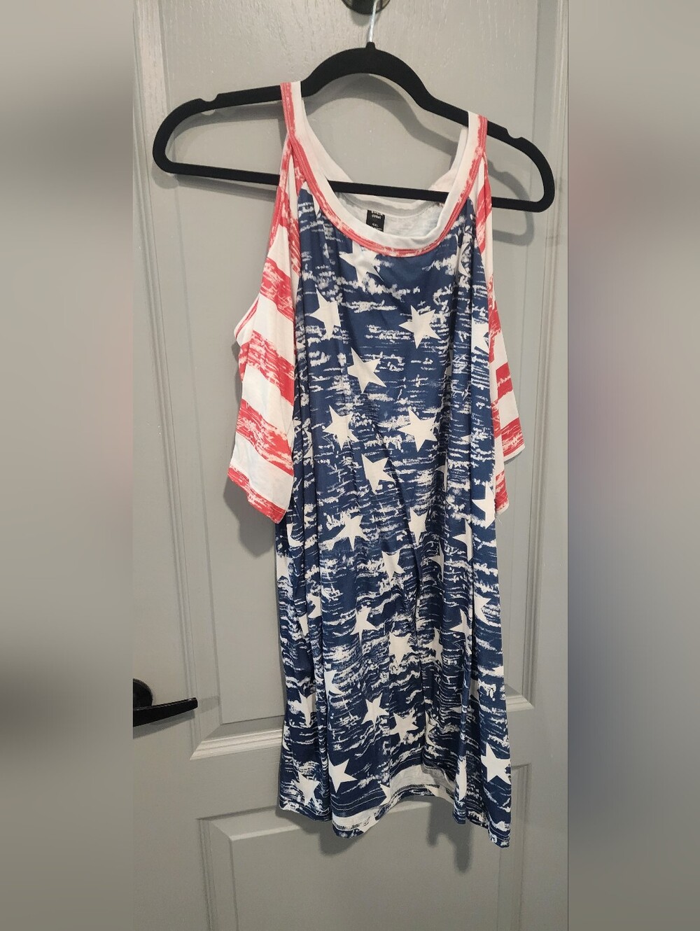 SHEIN Blue & White Star-Print Tee with Red Trim